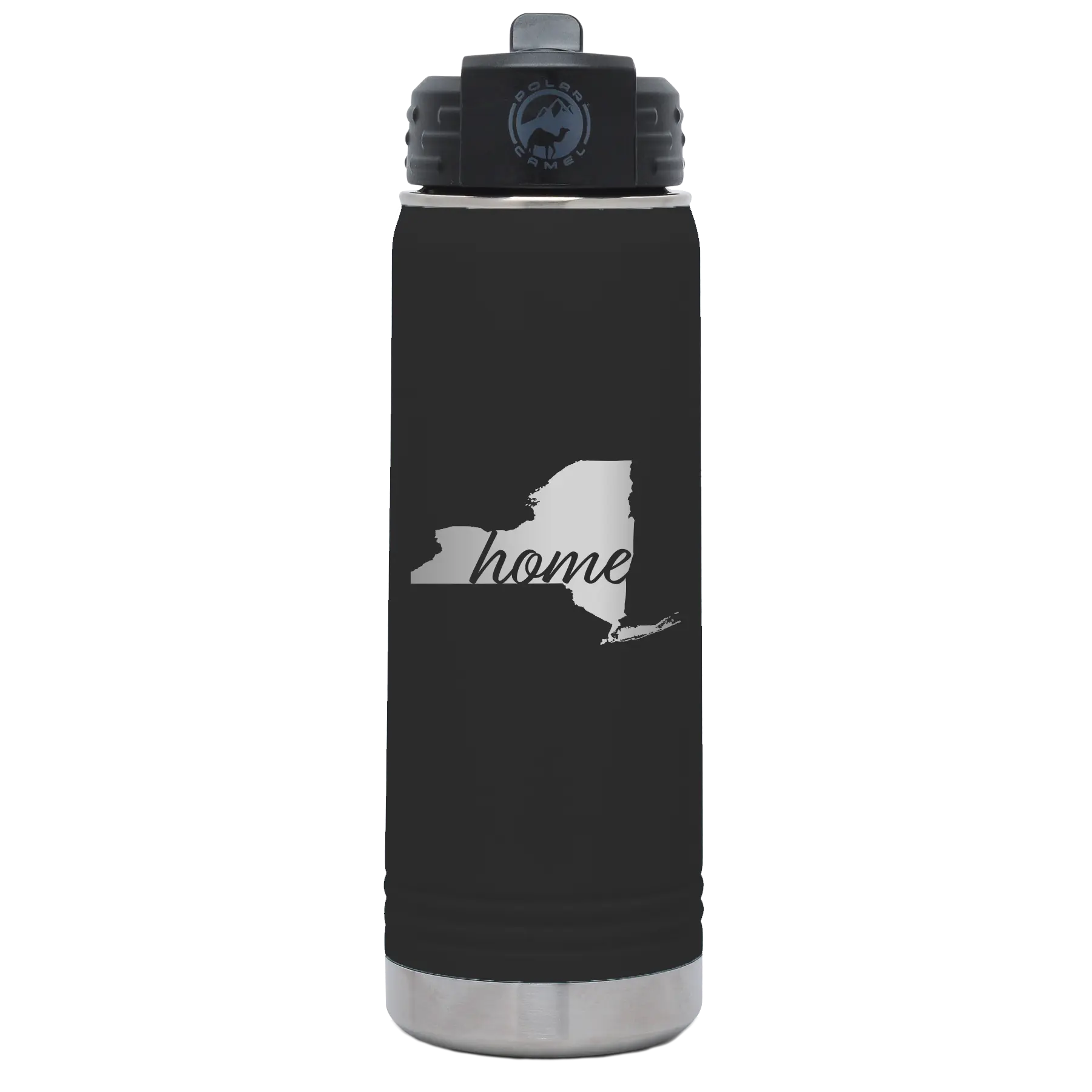 Laser etched black 20 oz vacuum insulated water bottle with 'New York Home' design