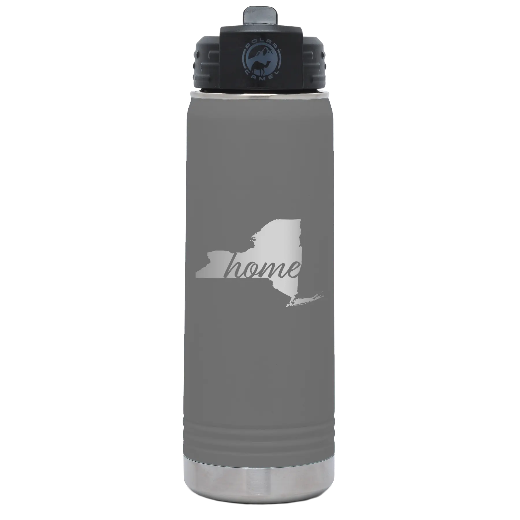 Laser etched dark gray 20 oz vacuum insulated water bottle with 'New York Home' design