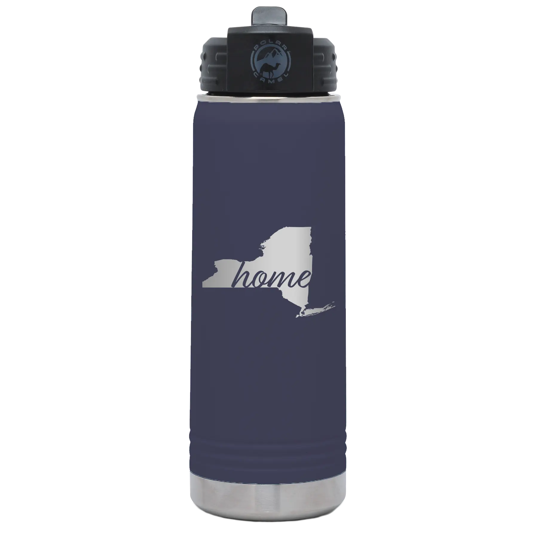 Laser etched navy 20 oz vacuum insulated water bottle with 'New York Home' design