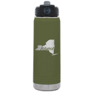 Laser etched olive green 20 oz vacuum insulated water bottle with 'New York Home' design