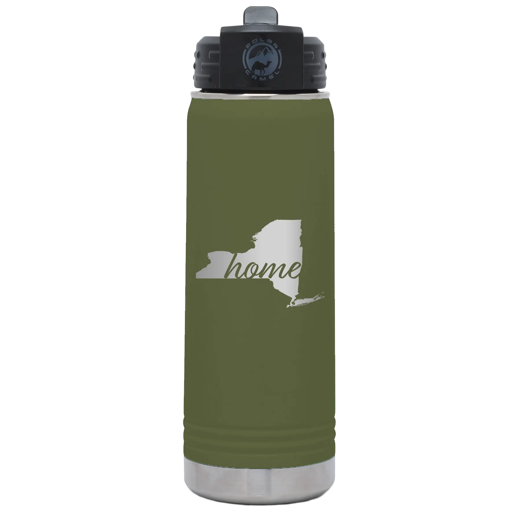 Laser etched olive green 20 oz vacuum insulated water bottle with 'New York Home' design