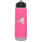 Laser etched pink 20 oz vacuum insulated water bottle with 'New York Home' design