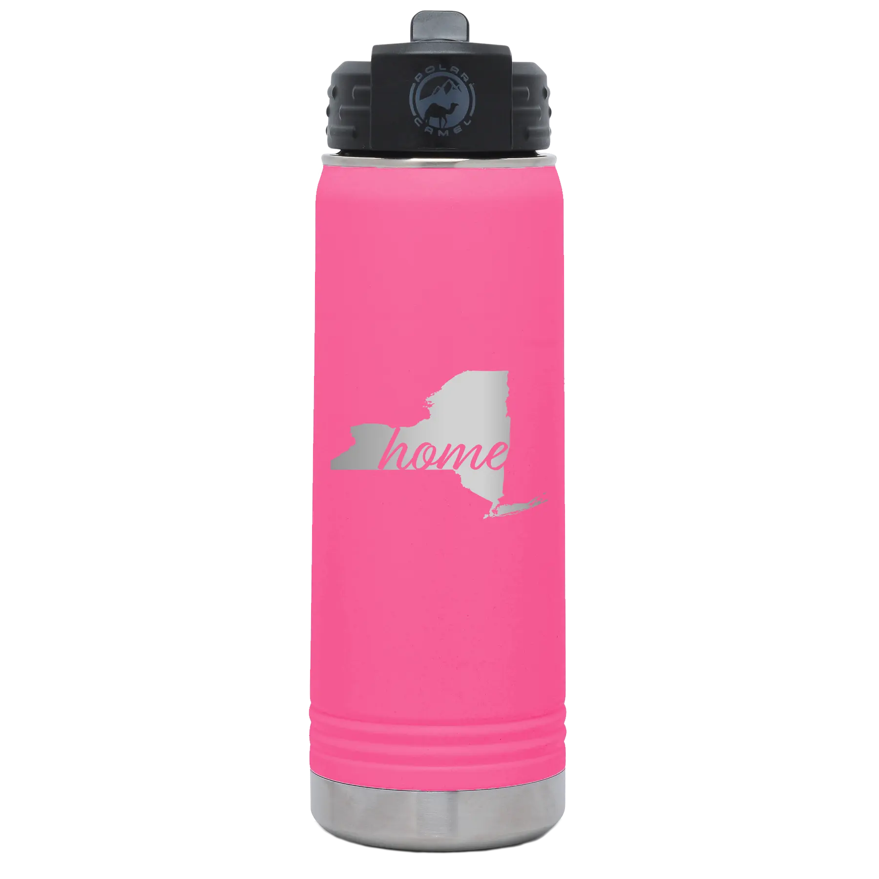Laser etched pink 20 oz vacuum insulated water bottle with 'New York Home' design
