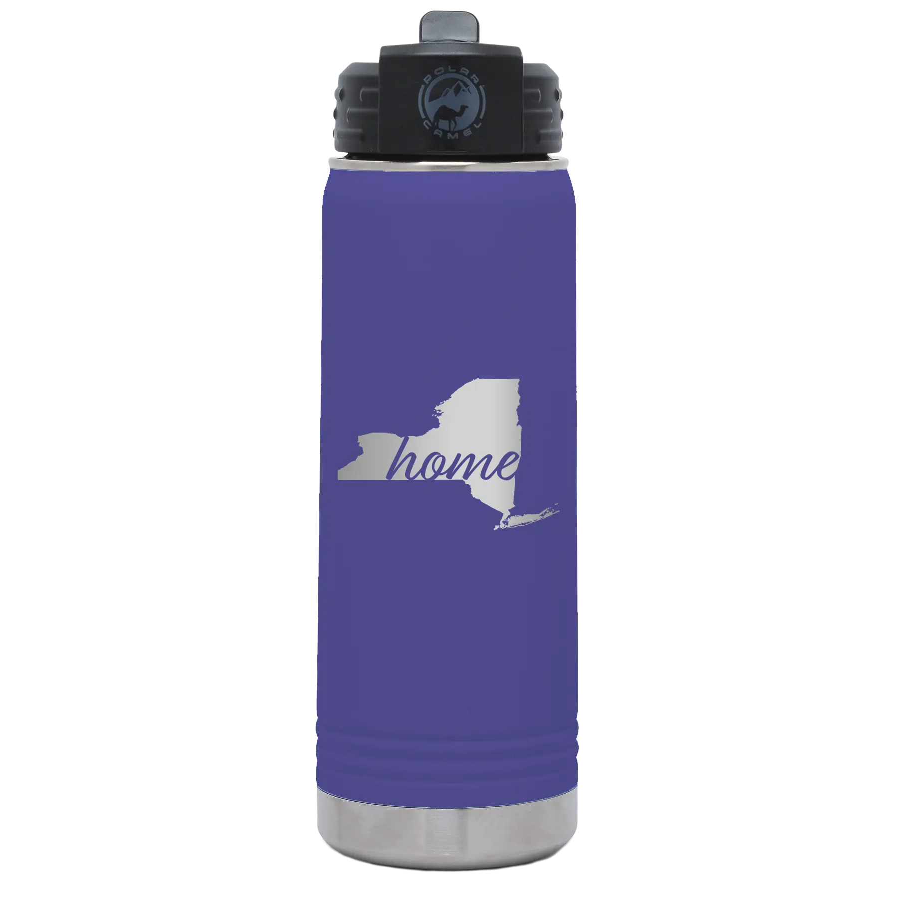 Laser etched purple 20 oz vacuum insulated water bottle with 'New York Home' design
