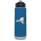 Laser etched royal blue 20 oz vacuum insulated water bottle with 'New York Home' design