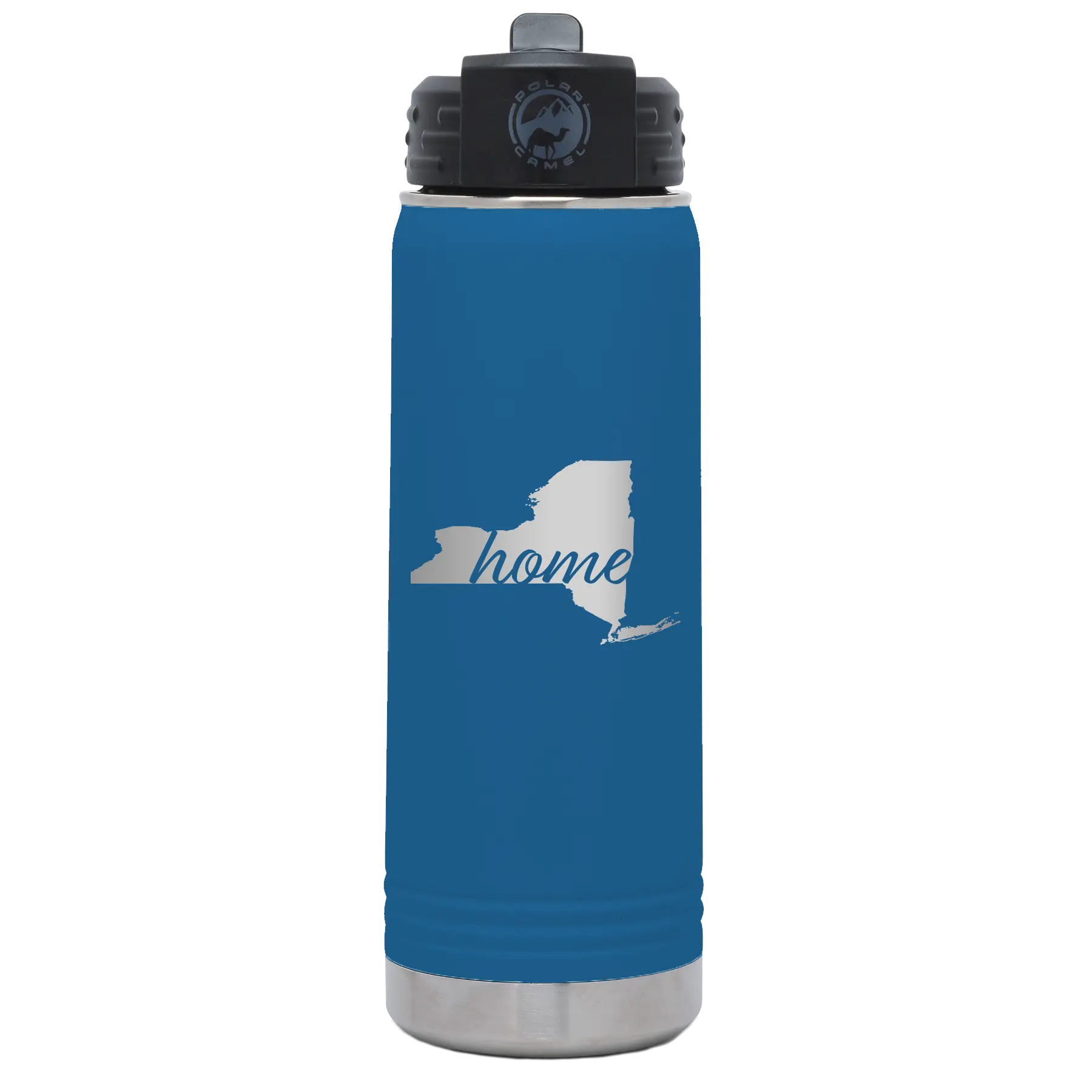 Laser etched royal blue 20 oz vacuum insulated water bottle with 'New York Home' design