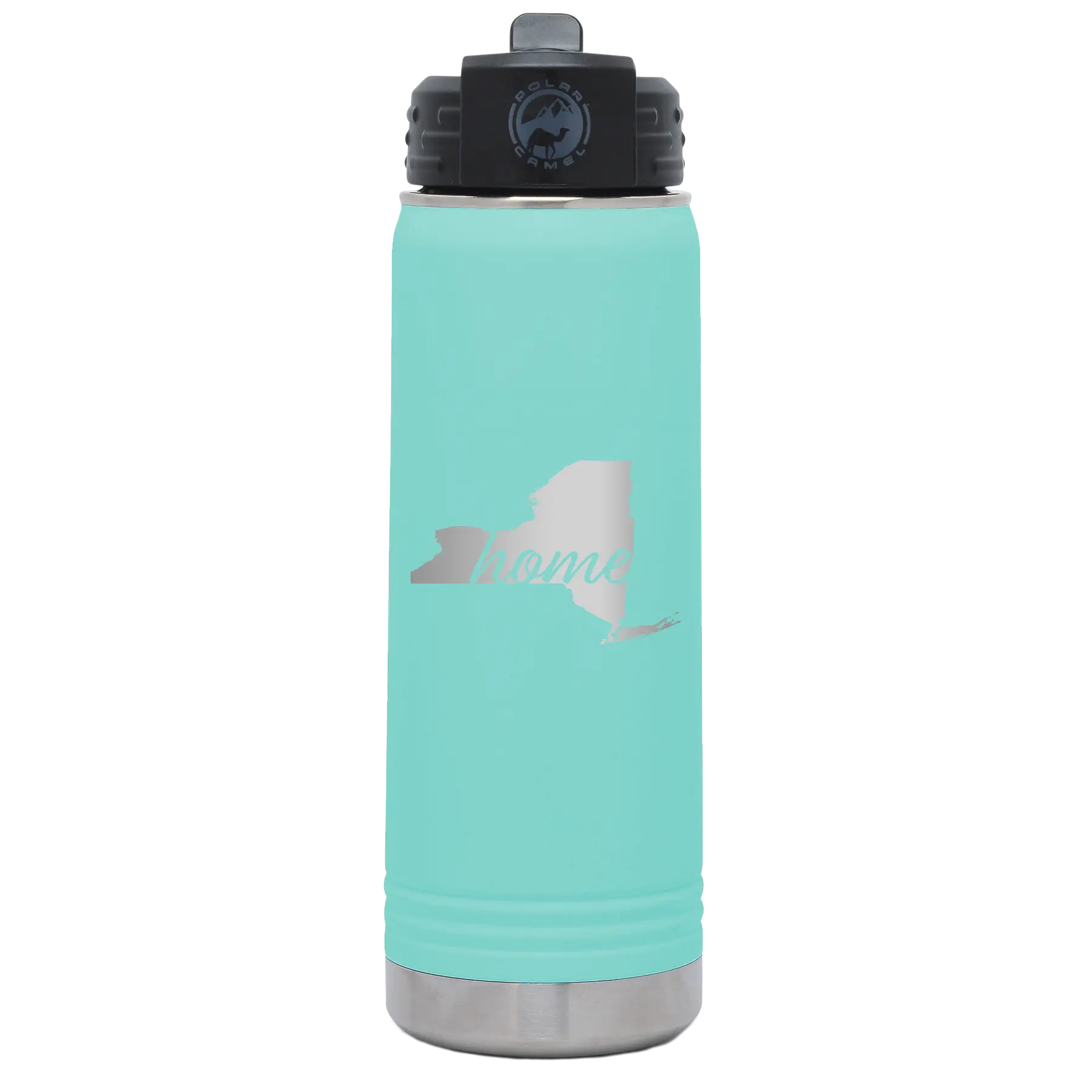 Laser etched teal 20 oz vacuum insulated water bottle with 'New York Home' design