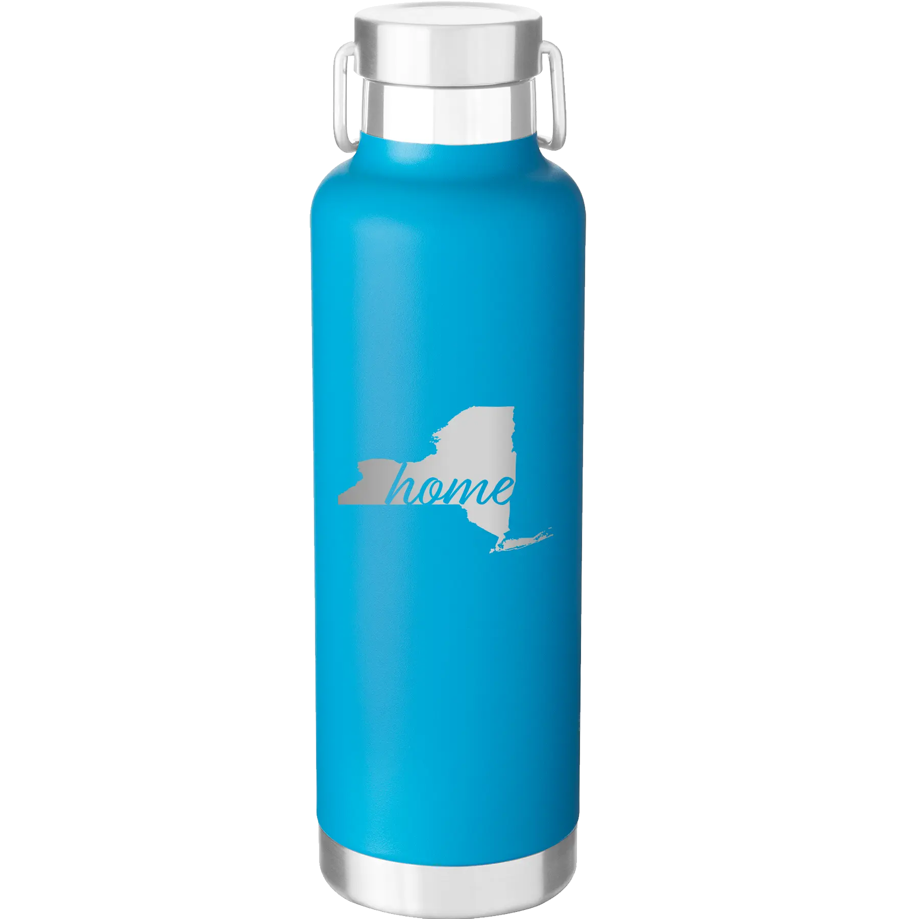 Laser etched aqua 24 oz vacuum insulated water bottle with 'New York Home' design