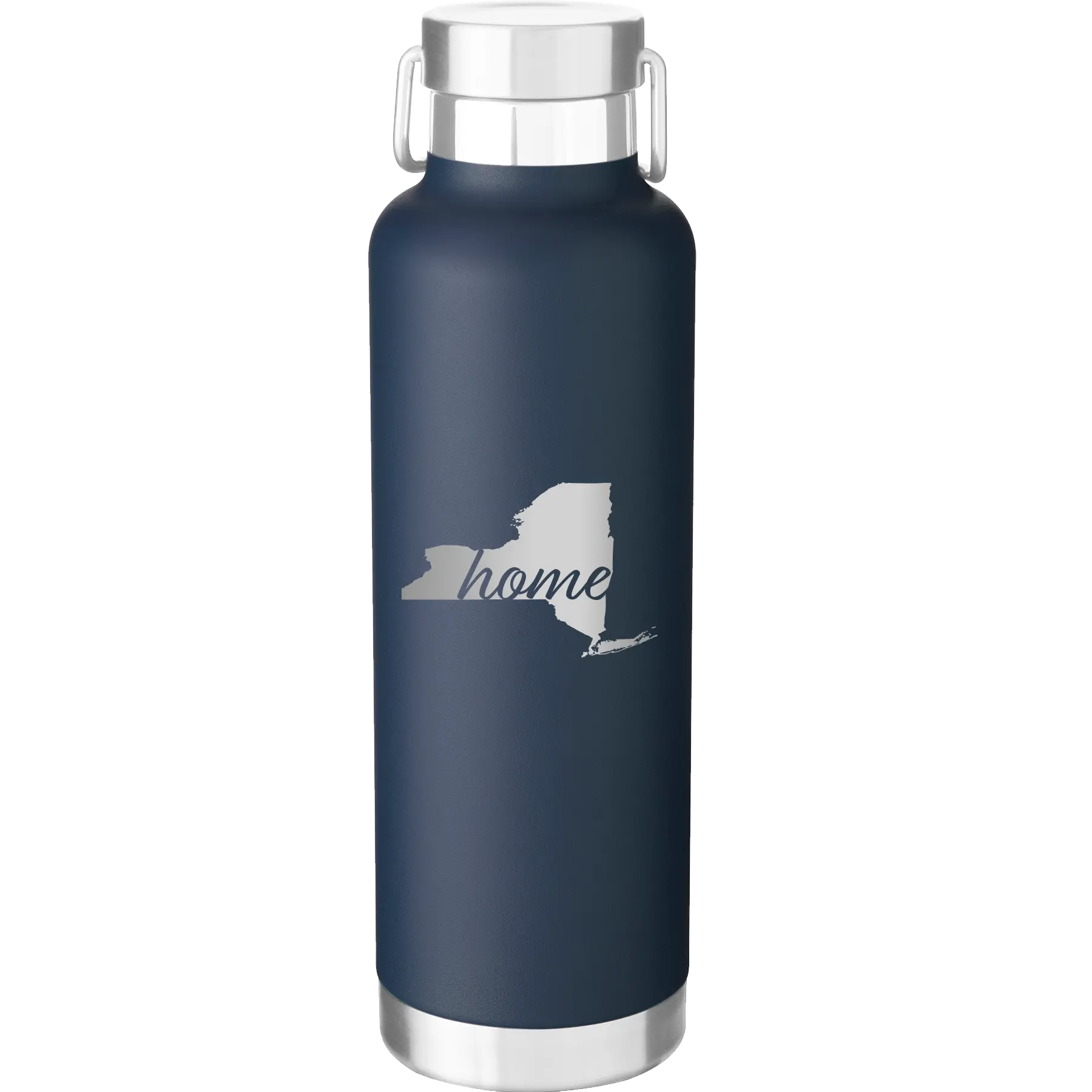Laser etched navy 24 oz vacuum insulated water bottle with 'New York Home' design