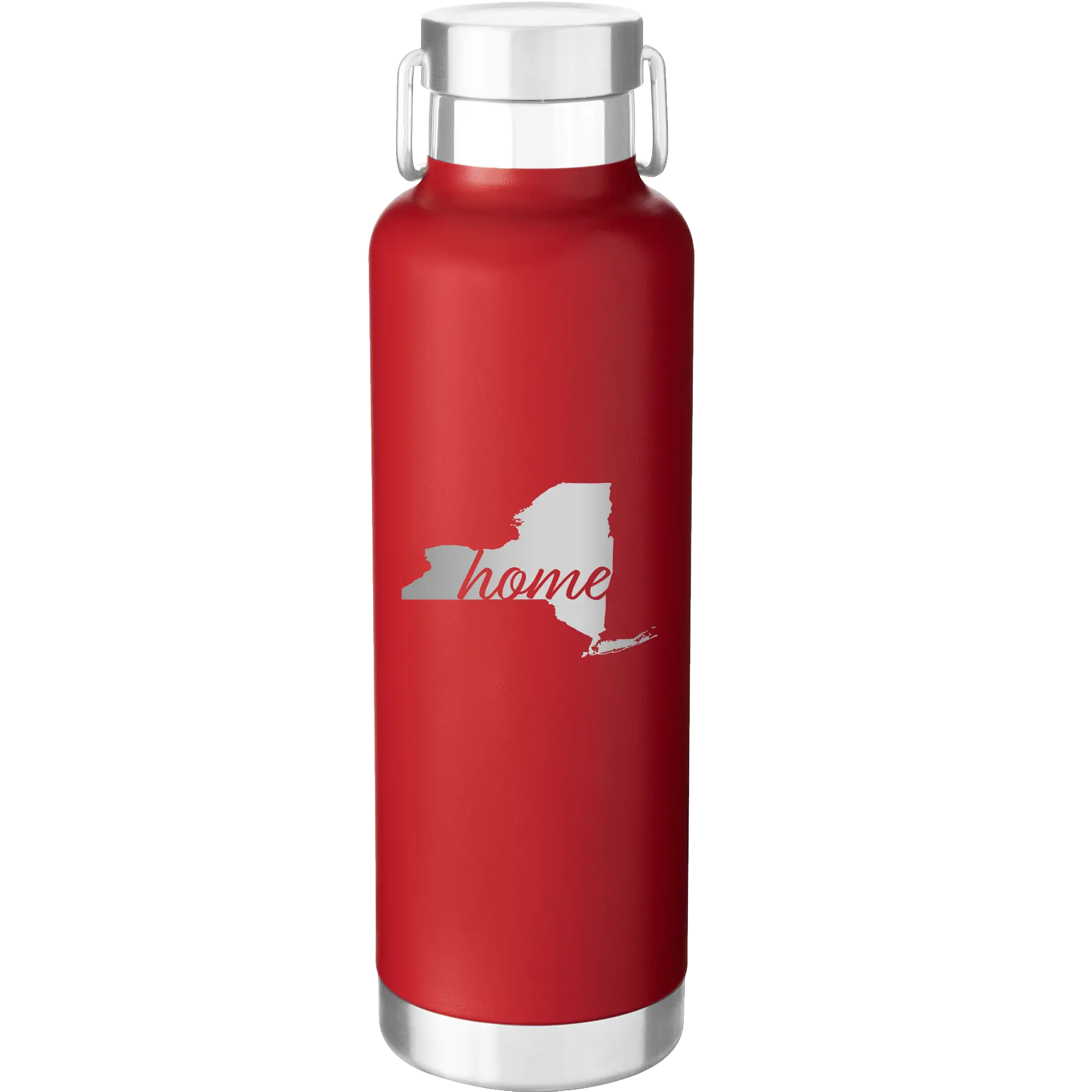 Laser etched red 24 oz vacuum insulated water bottle with 'New York Home' design