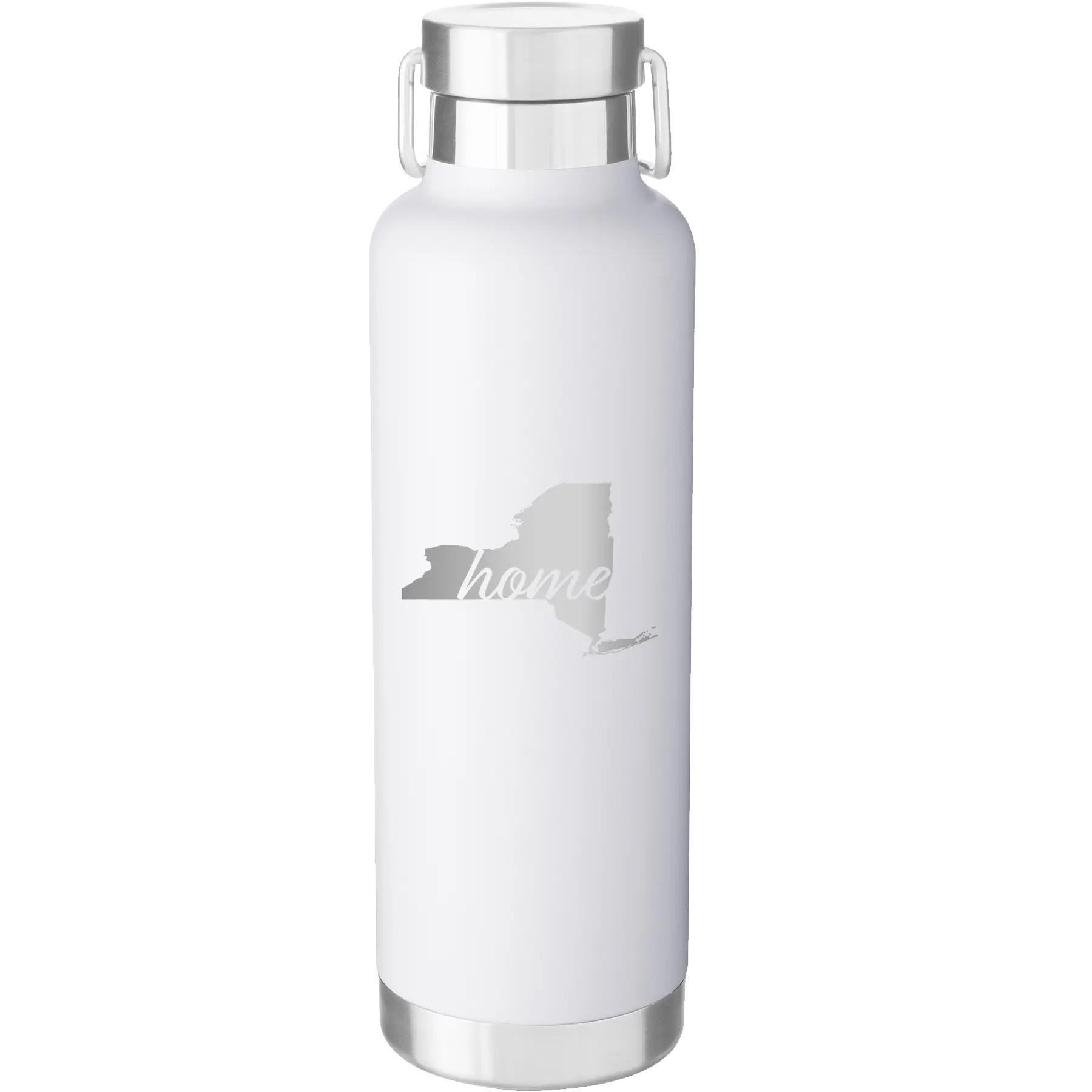 Laser etched white 24 oz vacuum insulated water bottle with 'New York Home' design