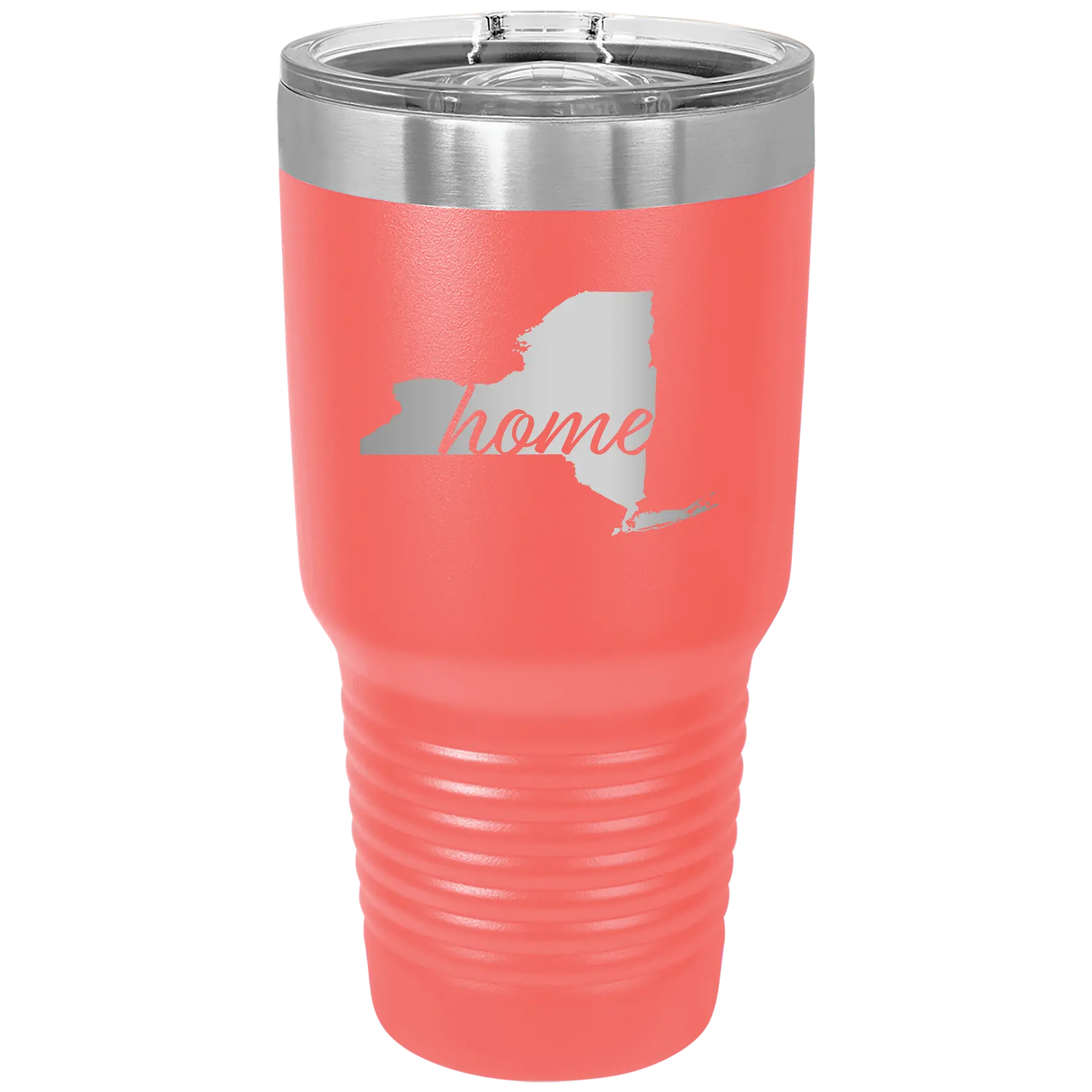 Laser etched coral 30 oz vacuum insulated tumbler with 'New York Home' design
