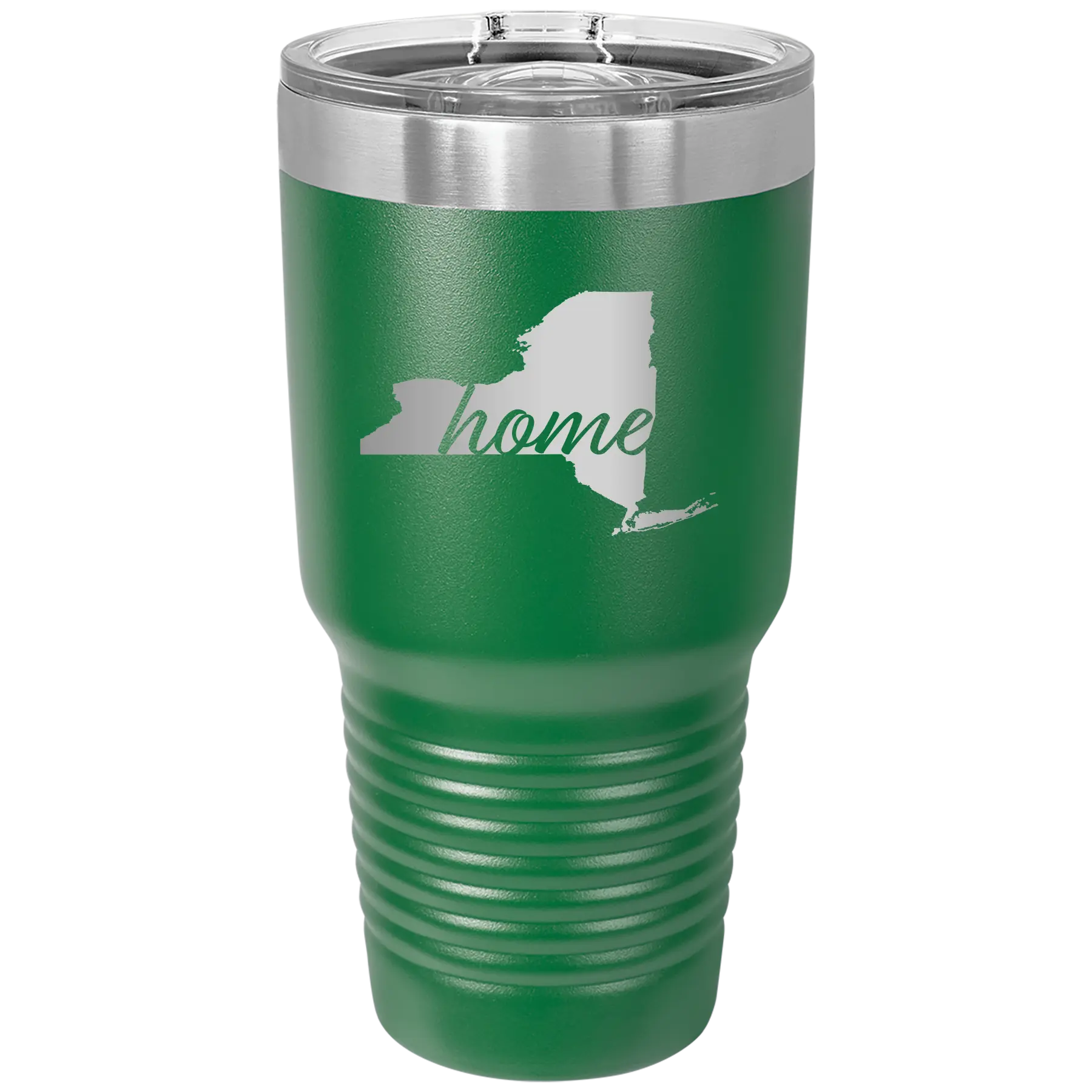 Laser etched green 30 oz vacuum insulated tumbler with 'New York Home' design