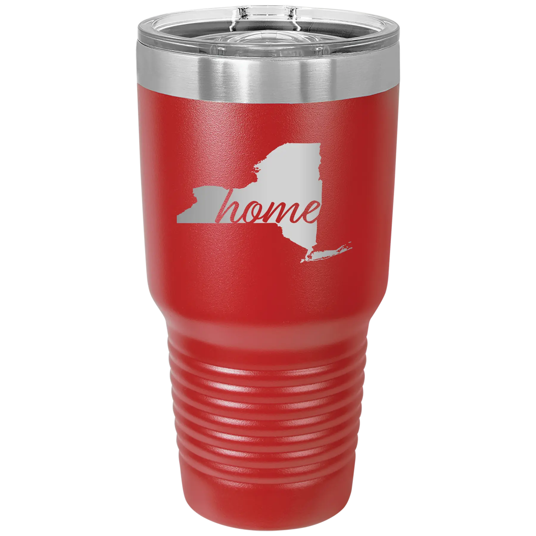 Laser etched red 30 oz vacuum insulated tumbler with 'New York Home' design