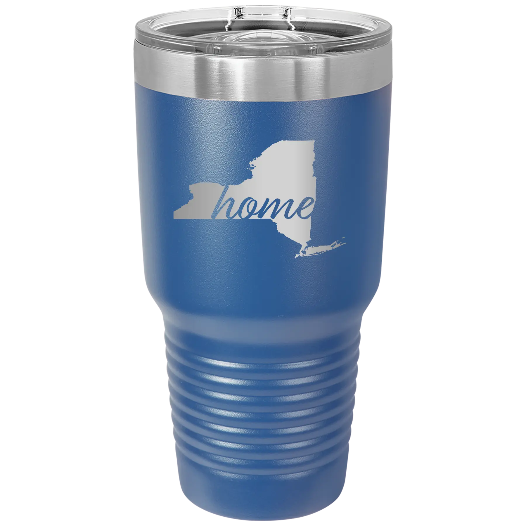 Laser etched royal blue 30 oz vacuum insulated tumbler with 'New York Home' design