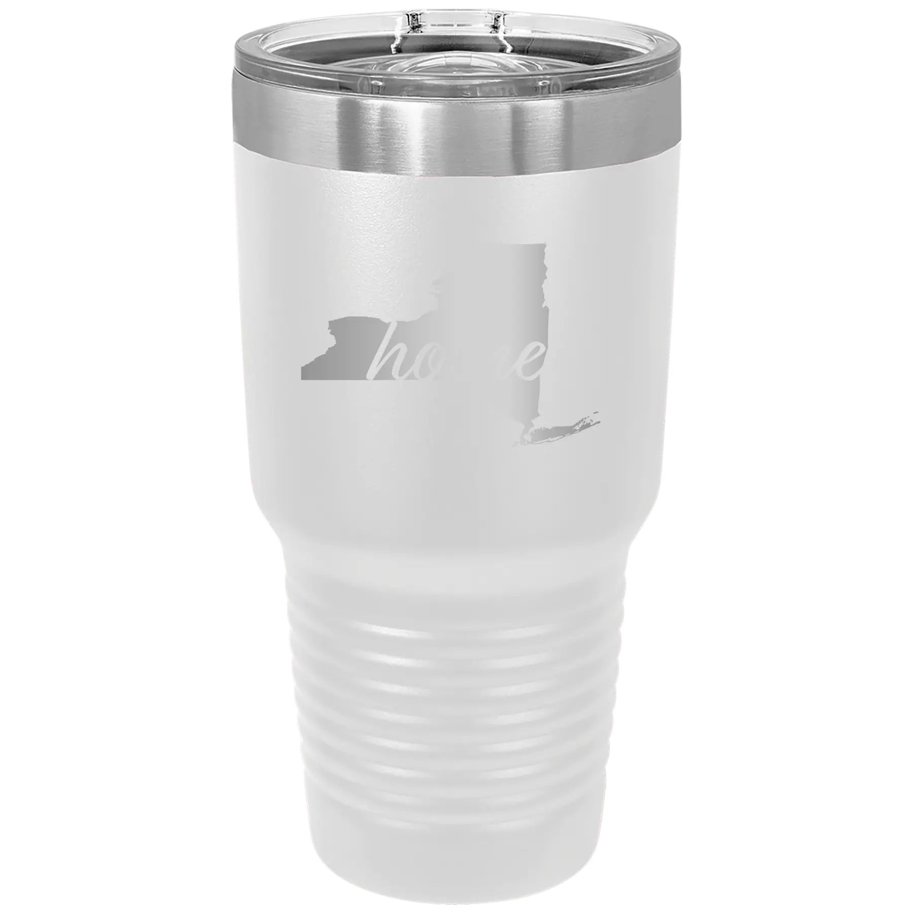 Laser etched white 30 oz vacuum insulated tumbler with 'New York Home' design