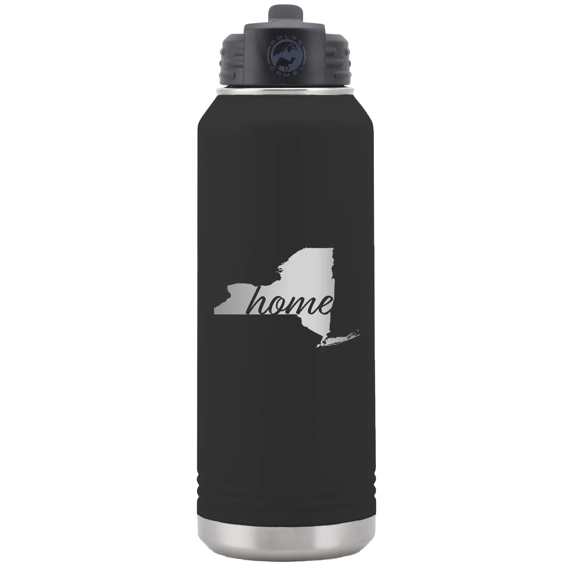 Laser etched black 32 oz vacuum insulated water bottle with 'New York Home' design