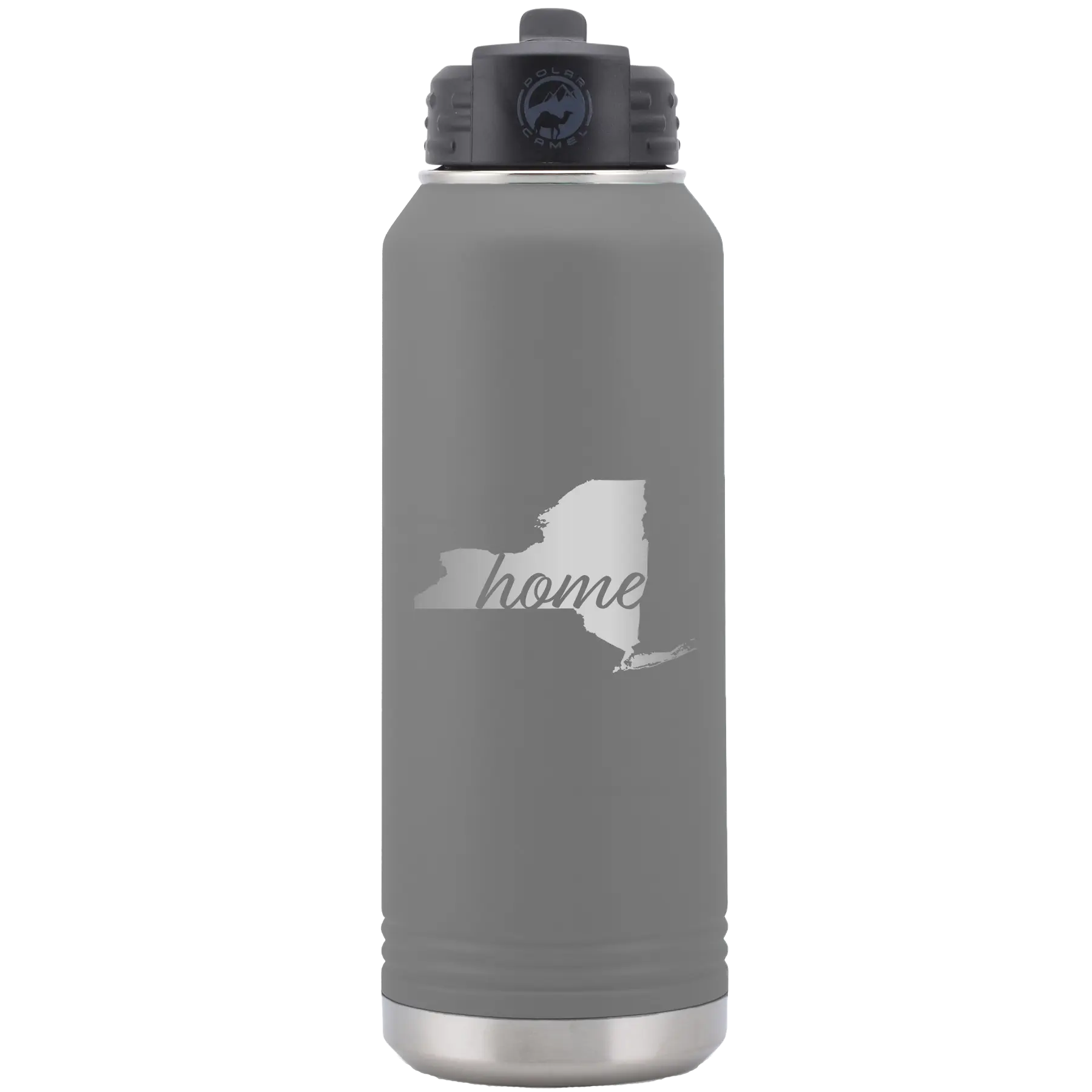 Laser etched dark gray 32 oz vacuum insulated water bottle with 'New York Home' design