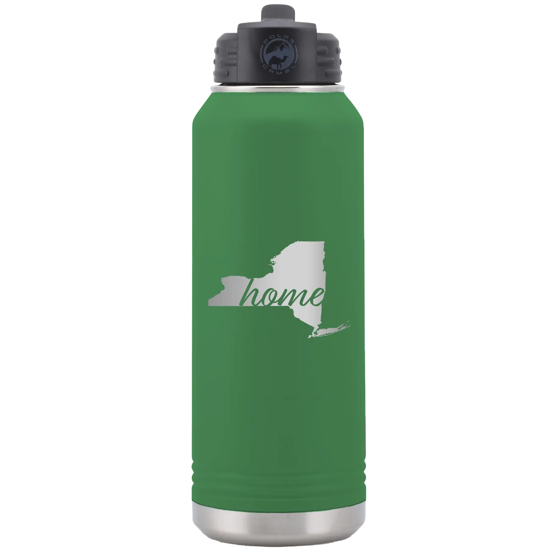 Laser etched green 32 oz vacuum insulated water bottle with 'New York Home' design