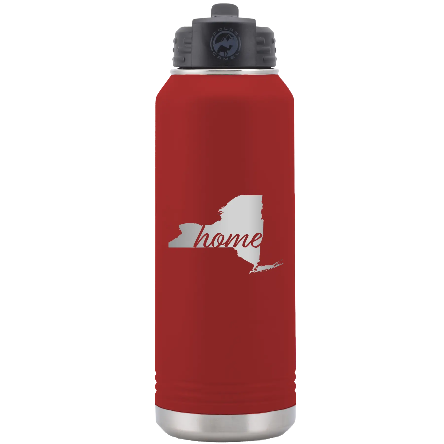 Laser etched maroon 32 oz vacuum insulated water bottle with 'New York Home' design