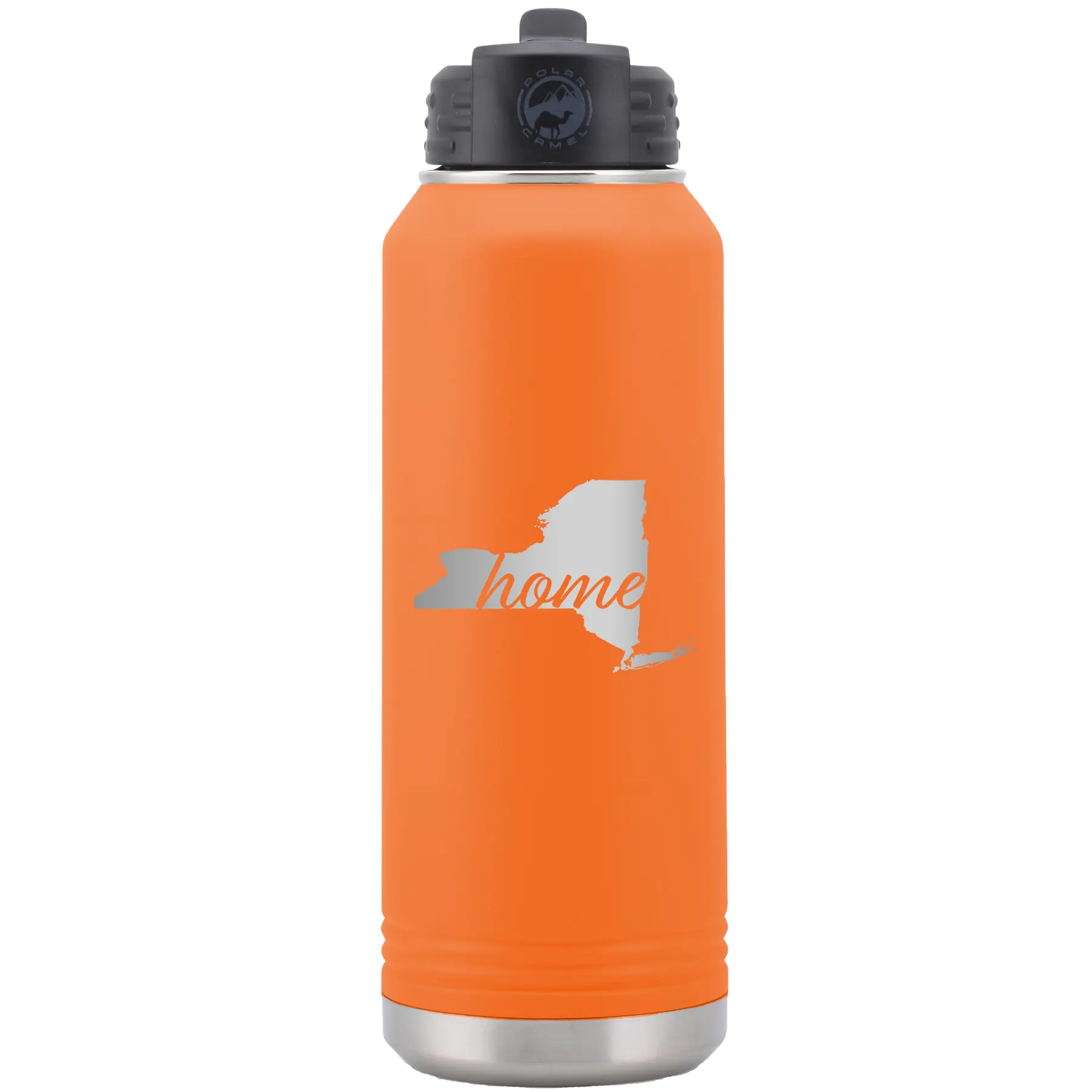 Laser etched orange 32 oz vacuum insulated water bottle with 'New York Home' design