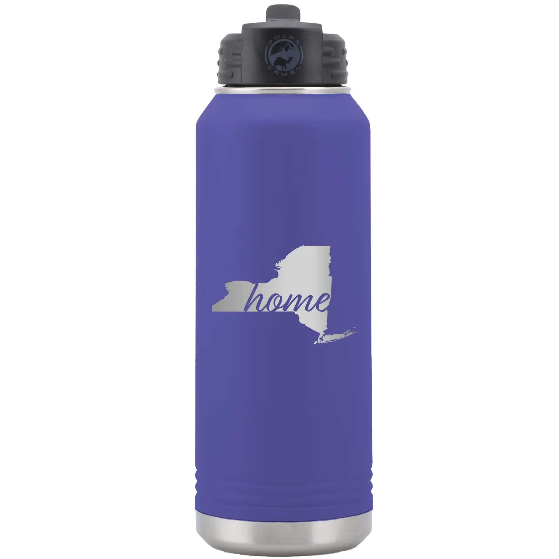Laser etched purple 32 oz vacuum insulated water bottle with 'New York Home' design