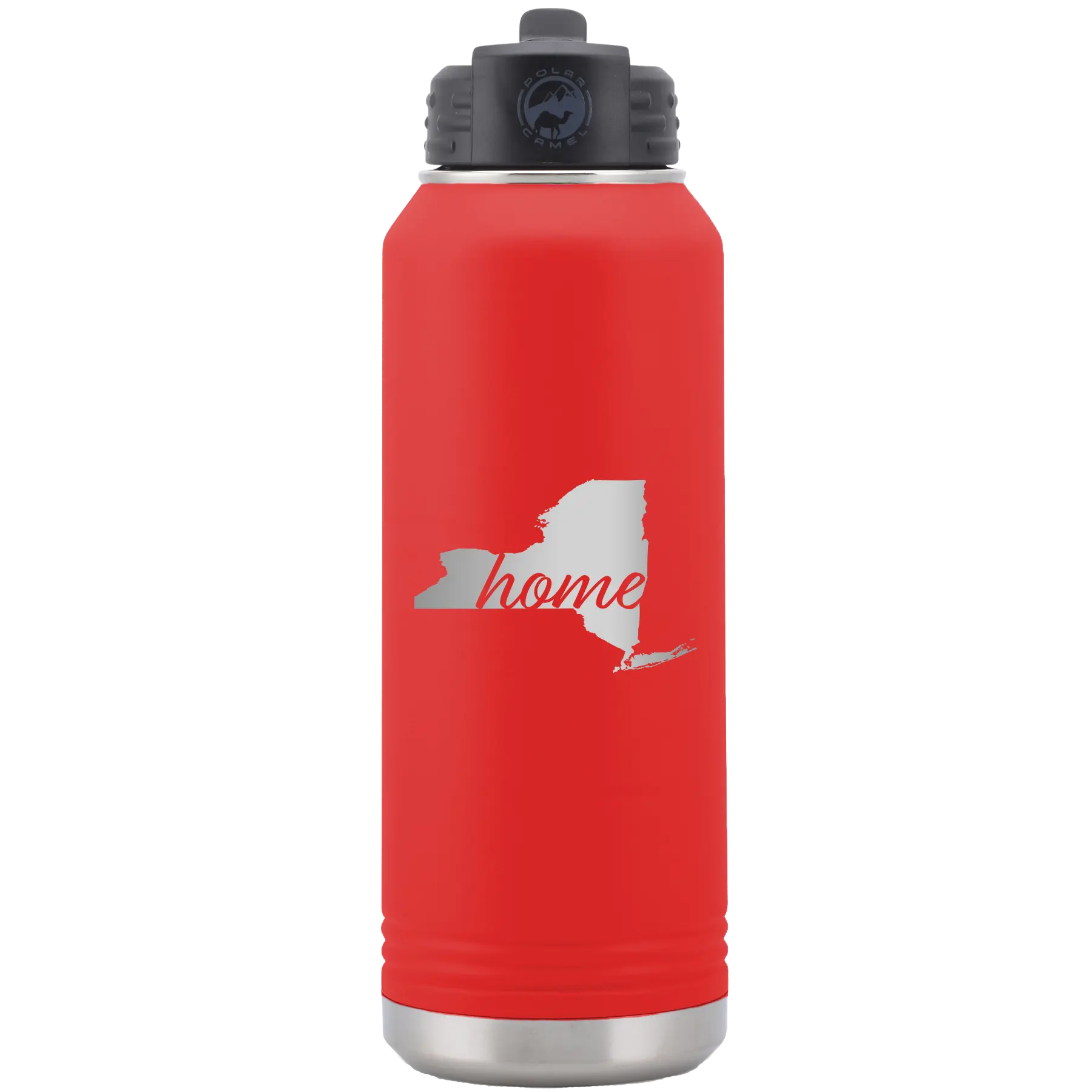 Laser etched red 32 oz vacuum insulated water bottle with 'New York Home' design