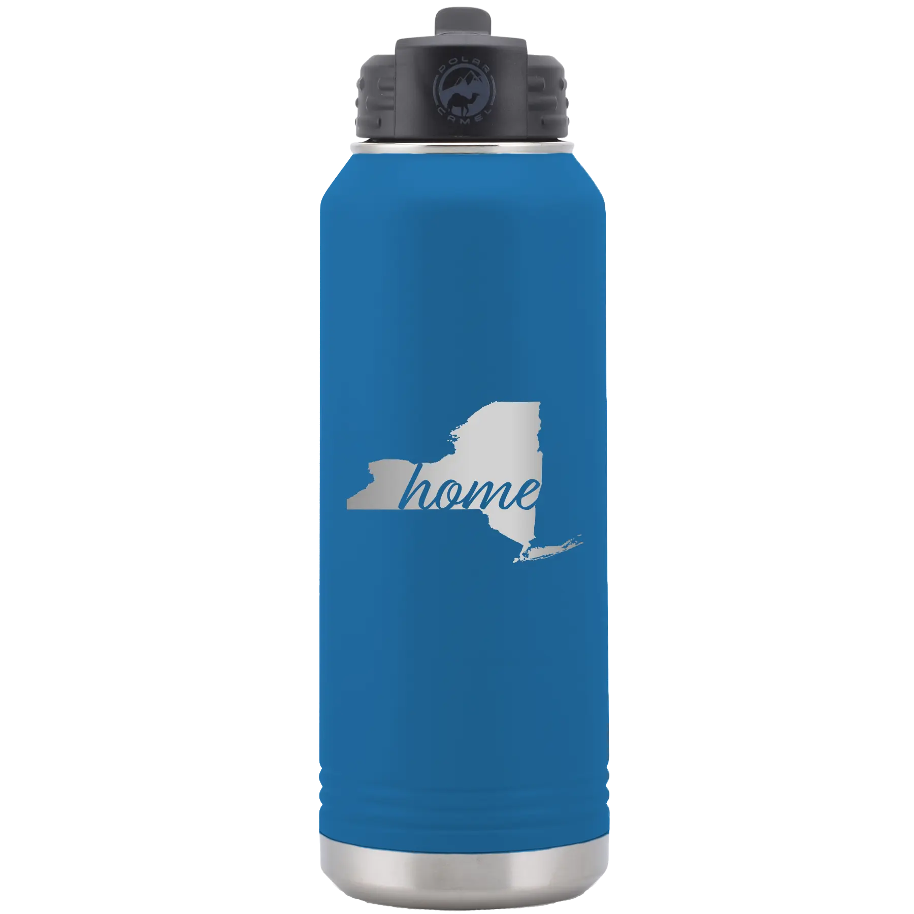 Laser etched royal blue 32 oz vacuum insulated water bottle with 'New York Home' design