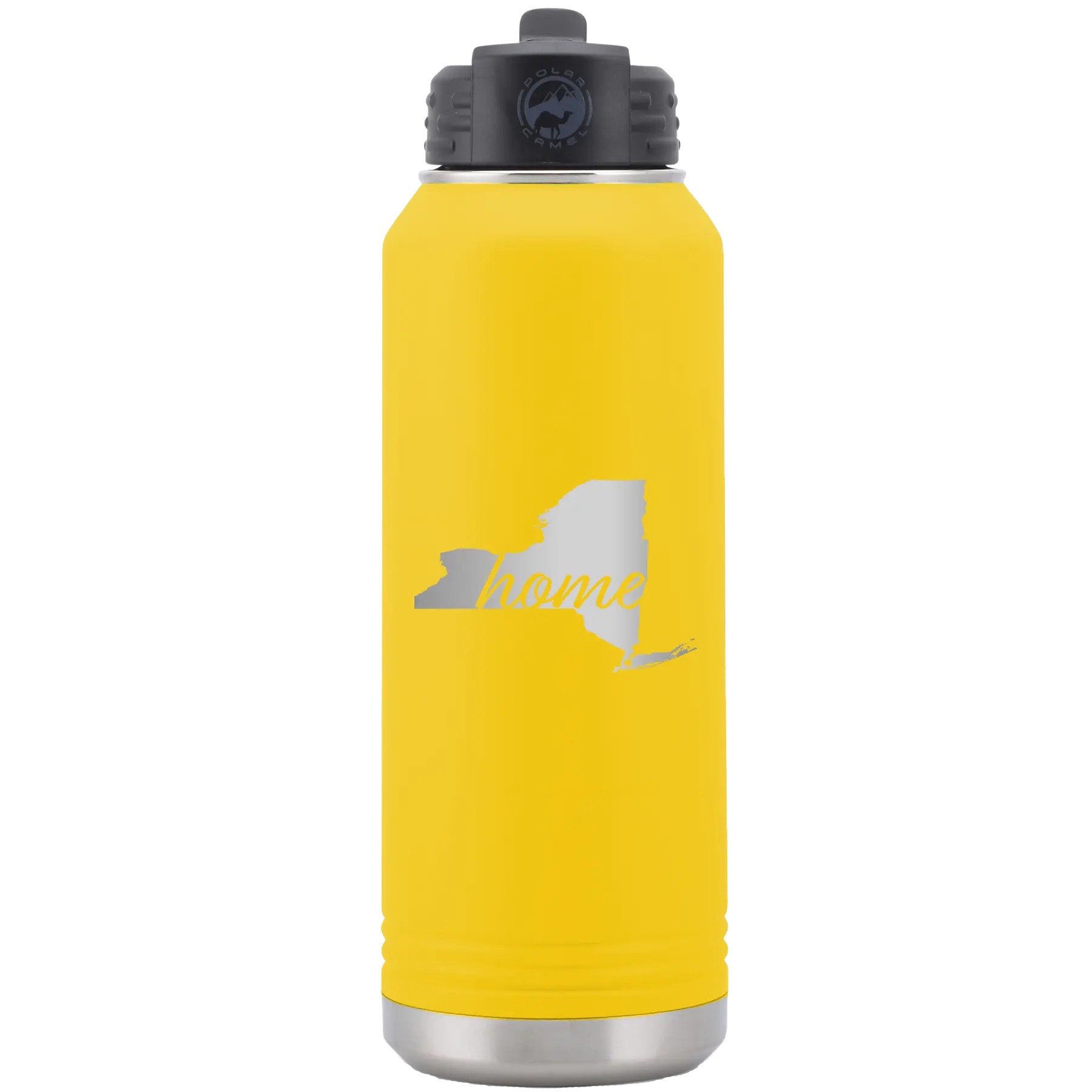 Laser etched yellow 32 oz vacuum insulated water bottle with 'New York Home' design
