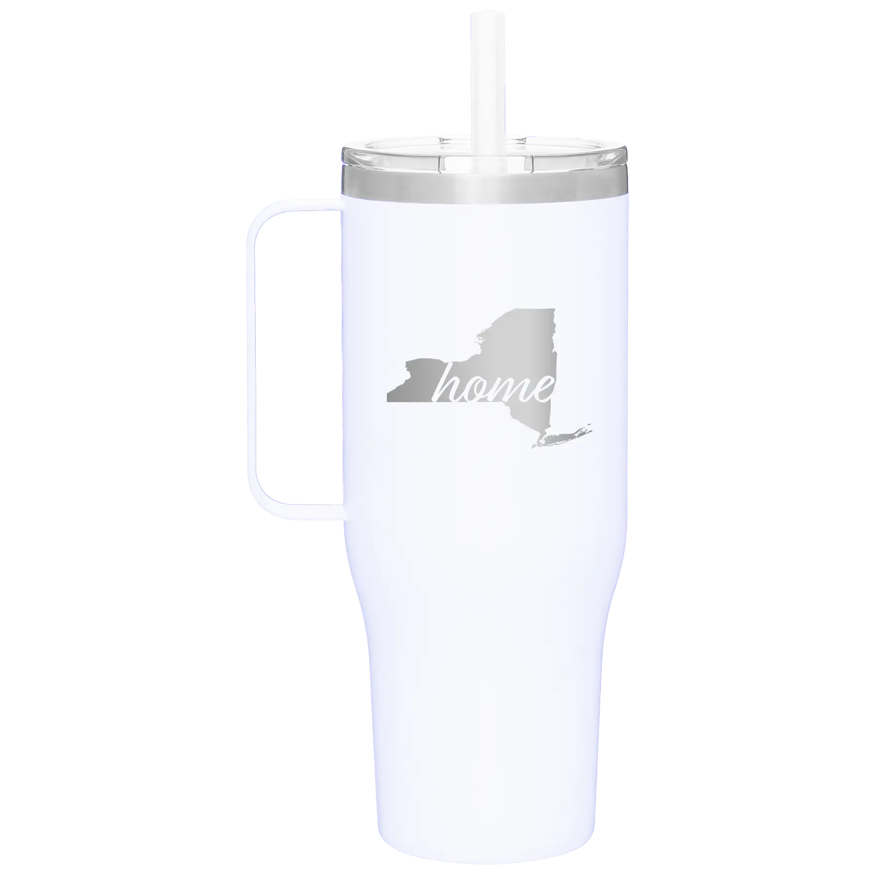 Laser etched white 40 oz vacuum insulated tumbler mug with 'New York Home' design
