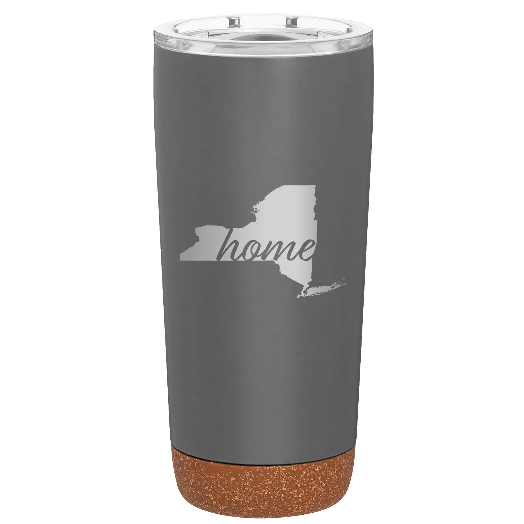 Laser etched storm gray 20 oz vacuum insulated tumbler with 'New York Home' design
