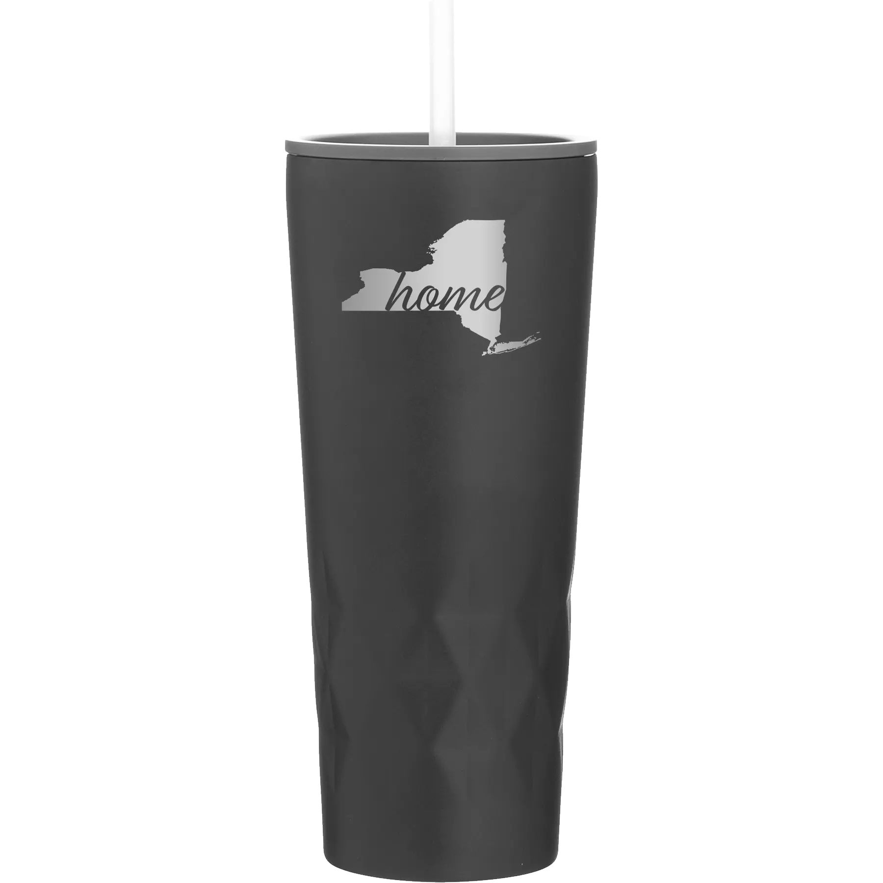 Laser etched black 20 oz vacuum insulated tumbler with 'New York Home' design
