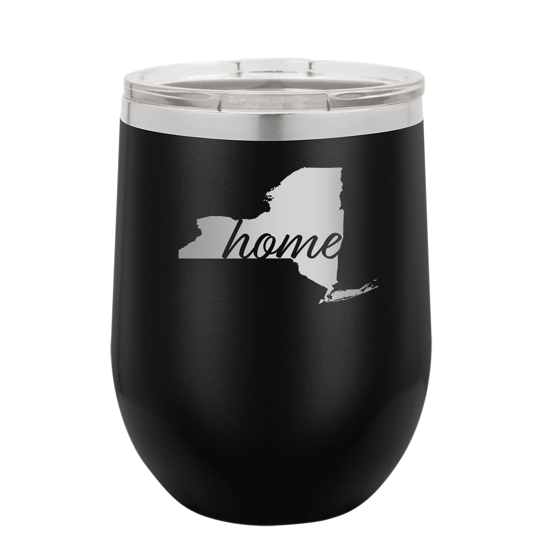 Laser etched black 12 oz vacuum insulated wine cup with 'New York Home' design