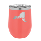 Laser etched coral 12 oz vacuum insulated wine cup with 'New York Home' design