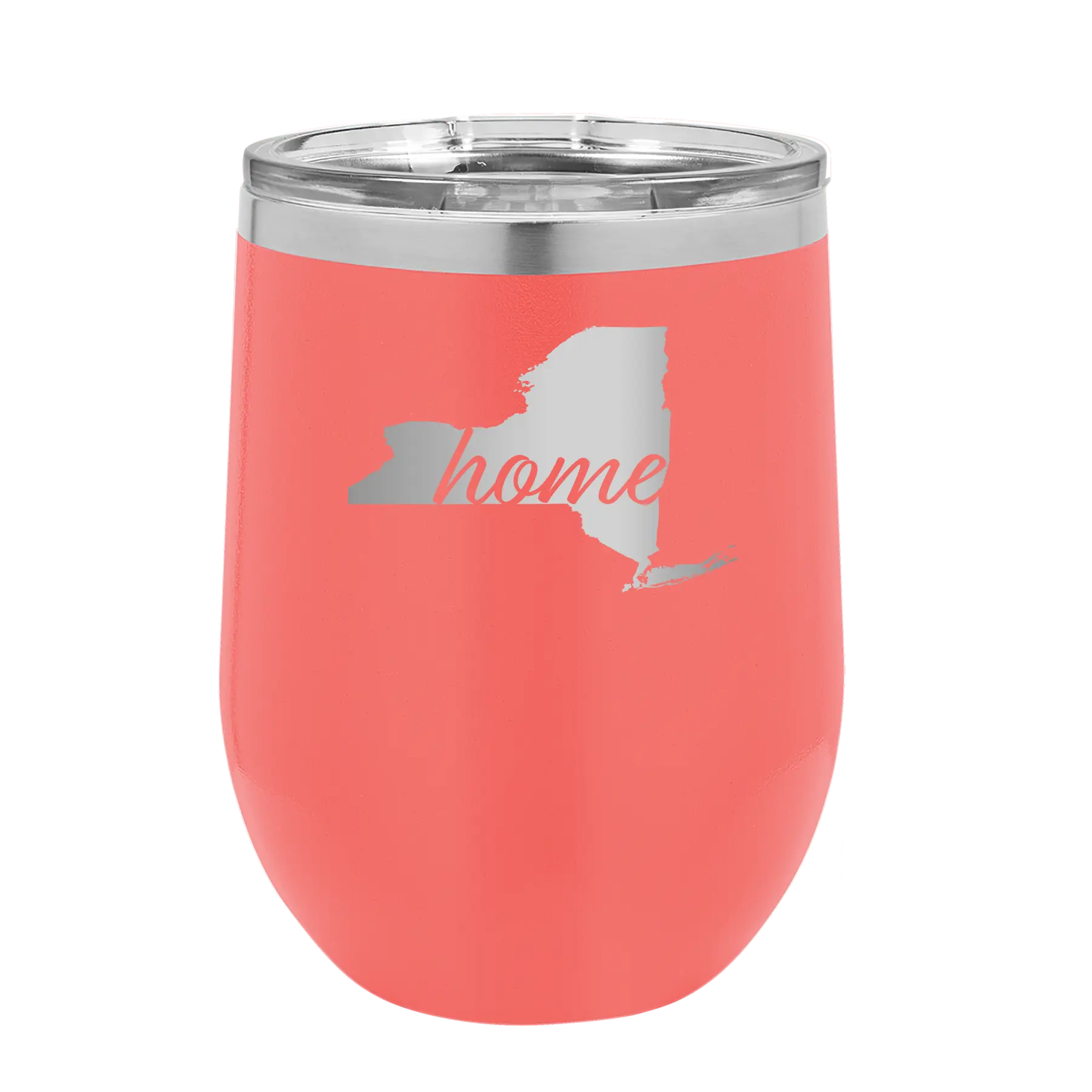 Laser etched coral 12 oz vacuum insulated wine cup with 'New York Home' design