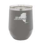 Laser etched dark gray 12 oz vacuum insulated wine cup with 'New York Home' design