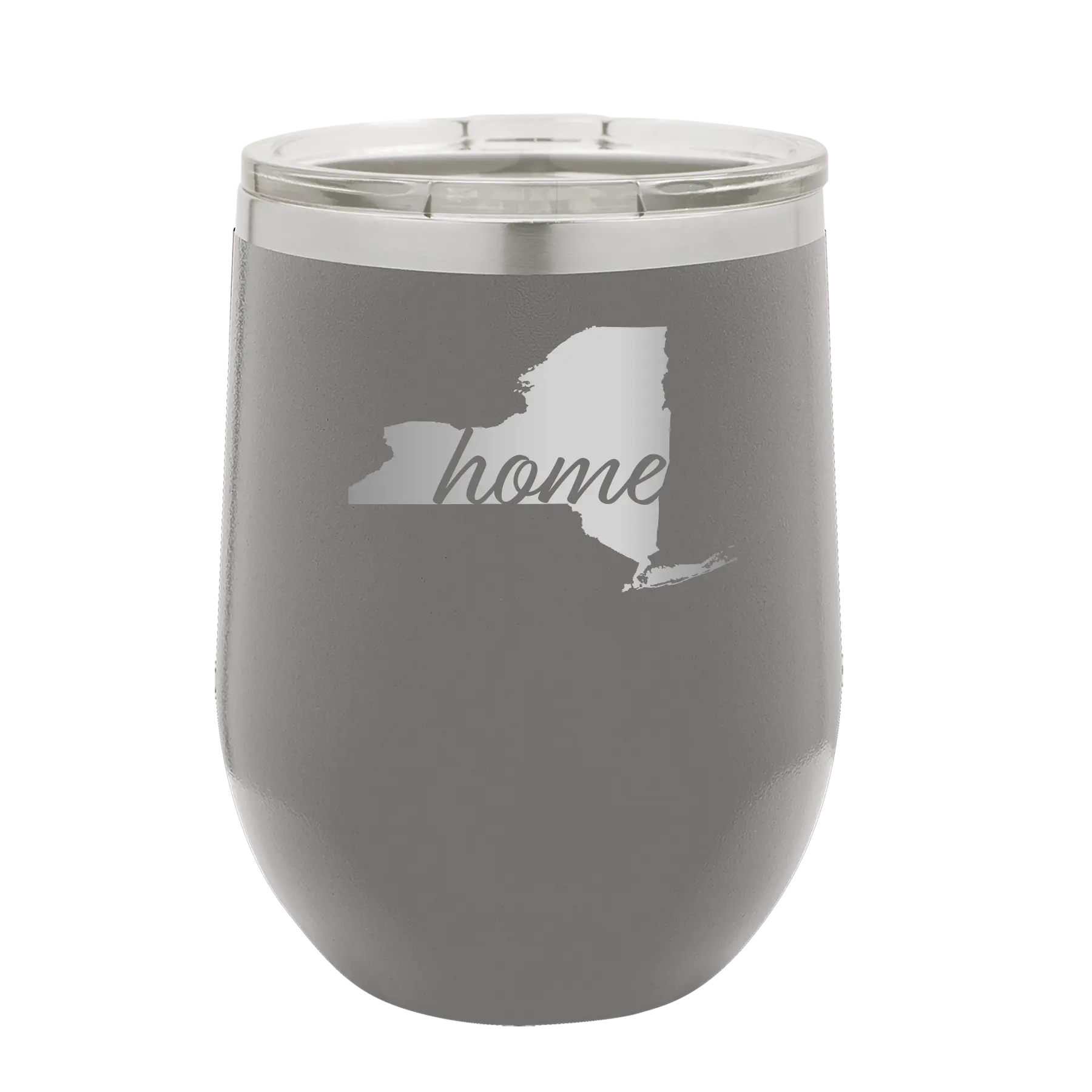 Laser etched dark gray 12 oz vacuum insulated wine cup with 'New York Home' design
