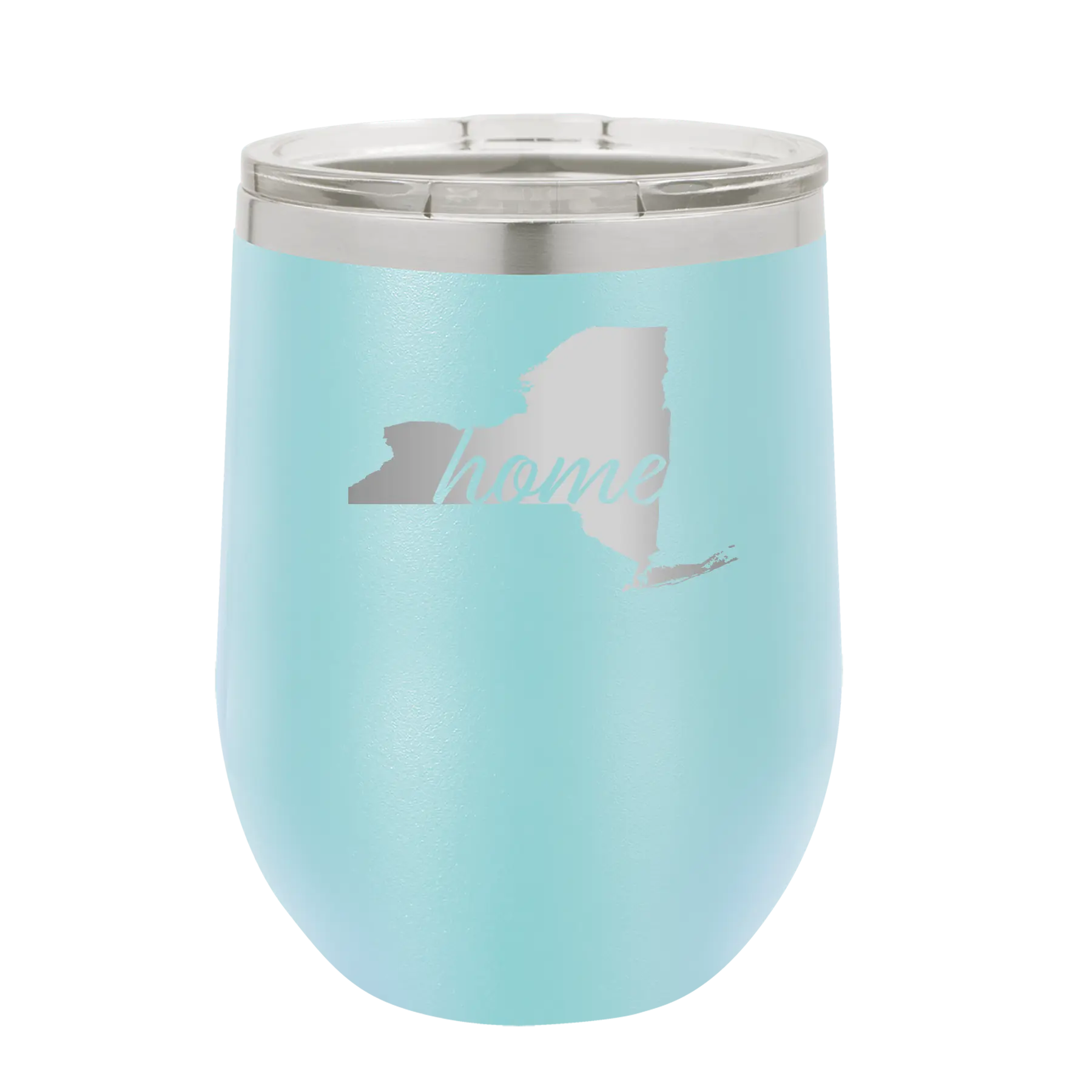 Laser etched light blue 12 oz vacuum insulated wine cup with 'New York Home' design