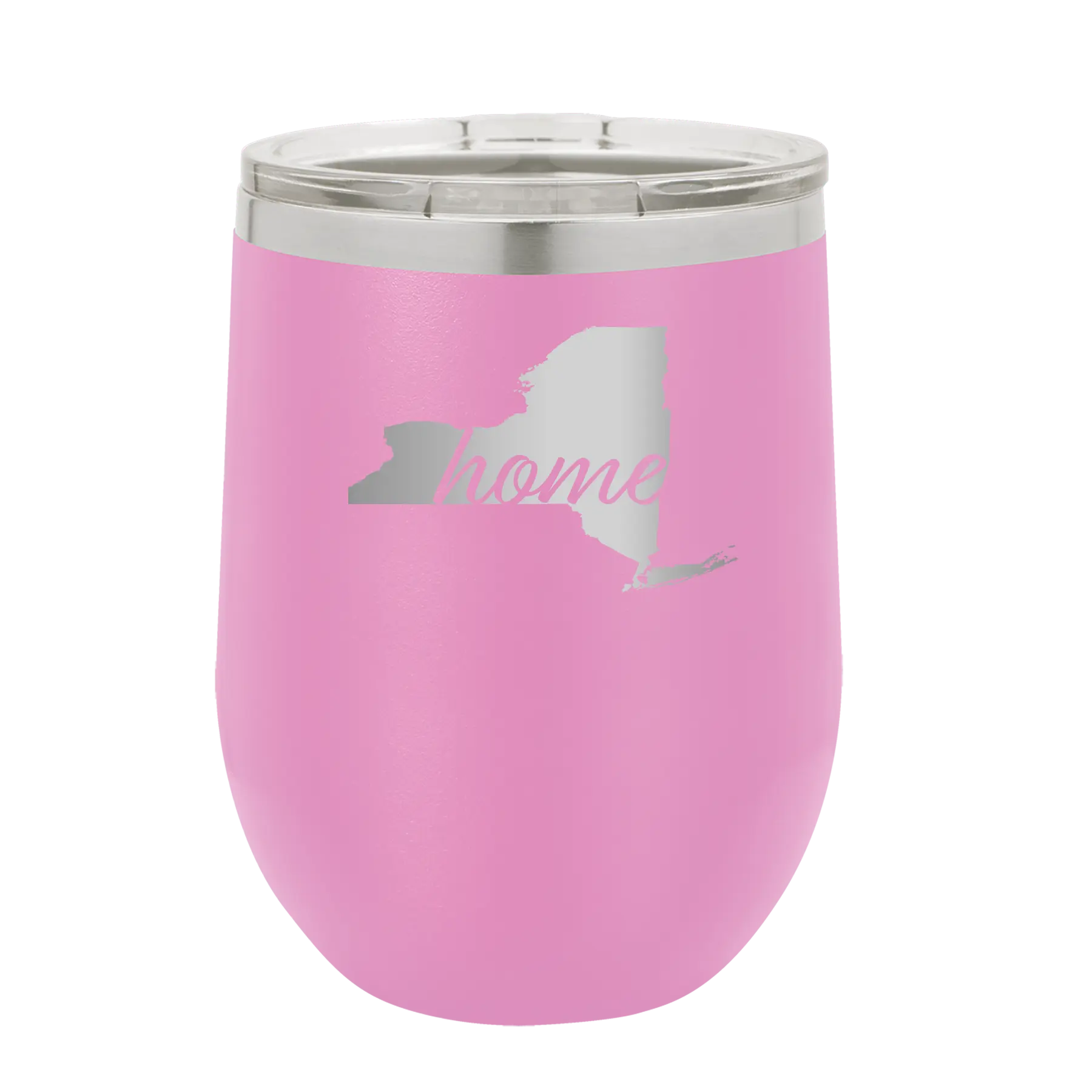 Laser etched light purple 12 oz vacuum insulated wine cup with 'New York Home' design