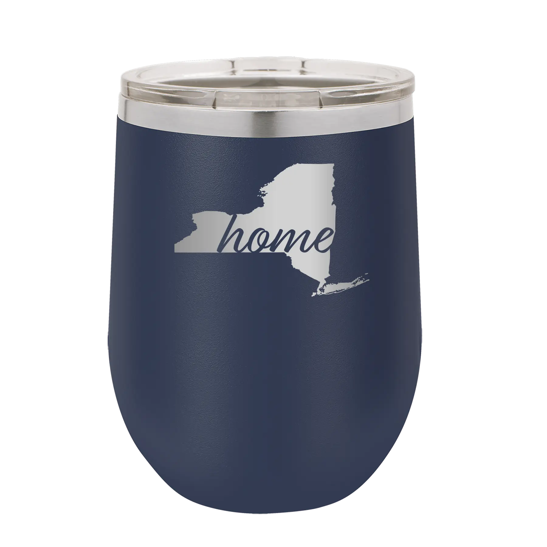 Laser etched navy 12 oz vacuum insulated wine cup with 'New York Home' design