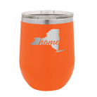 Laser etched orange 12 oz vacuum insulated wine cup with 'New York Home' design