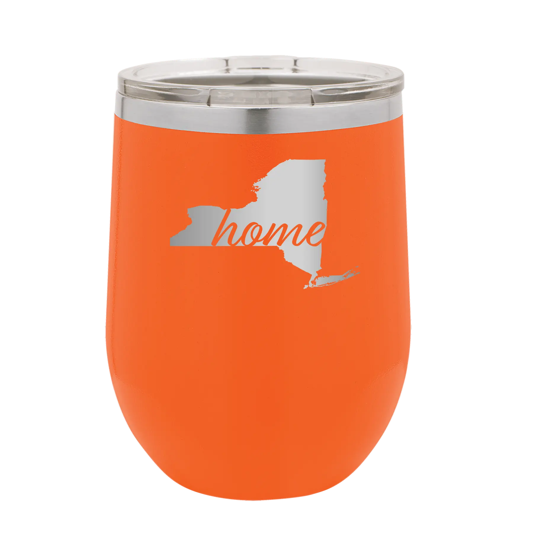 Laser etched orange 12 oz vacuum insulated wine cup with 'New York Home' design