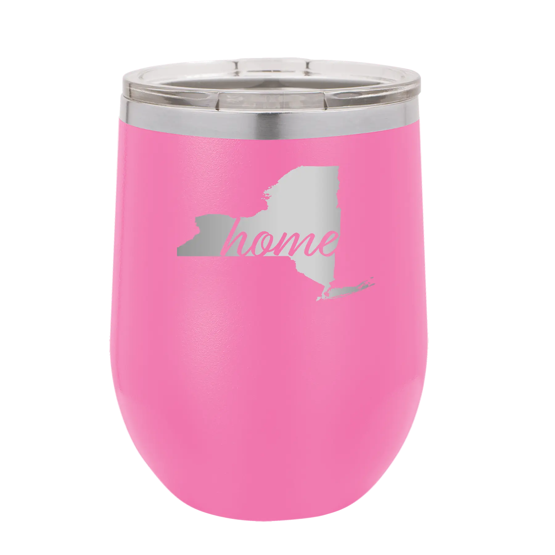 Laser etched pink 12 oz vacuum insulated wine cup with 'New York Home' design