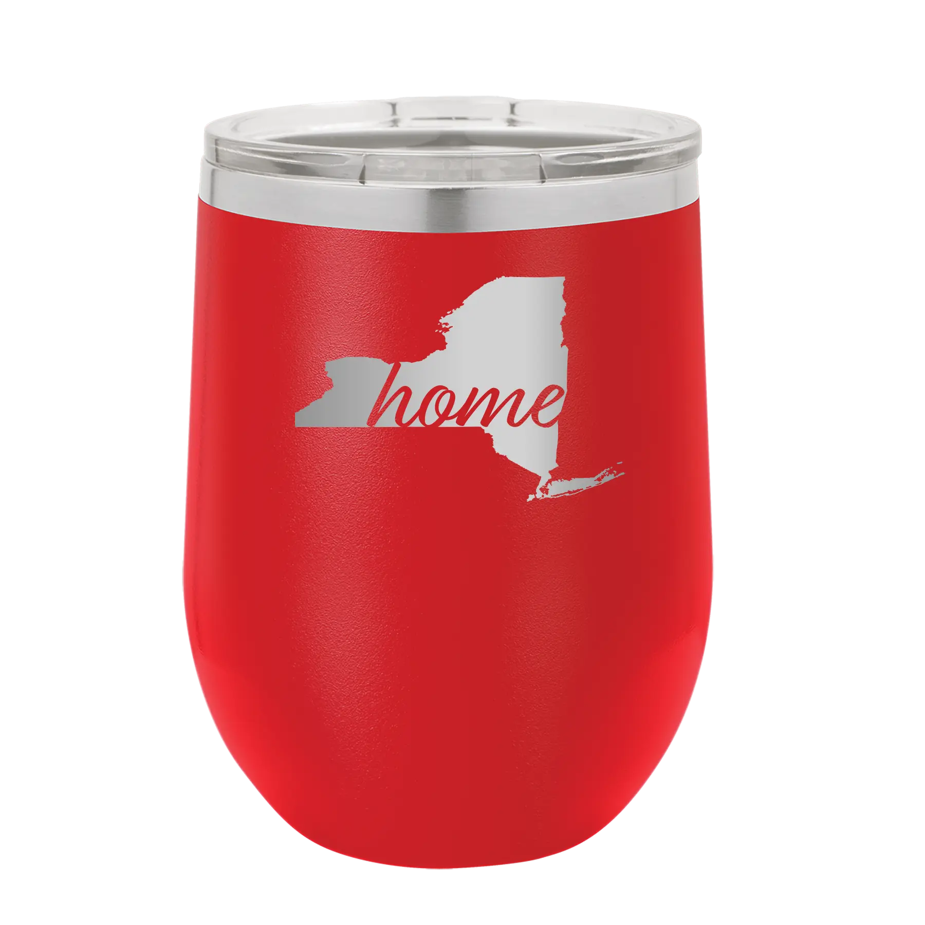 Laser etched red 12 oz vacuum insulated wine cup with 'New York Home' design