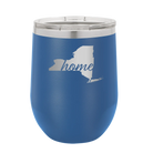 Laser etched royal blue 12 oz vacuum insulated wine cup with 'New York Home' design