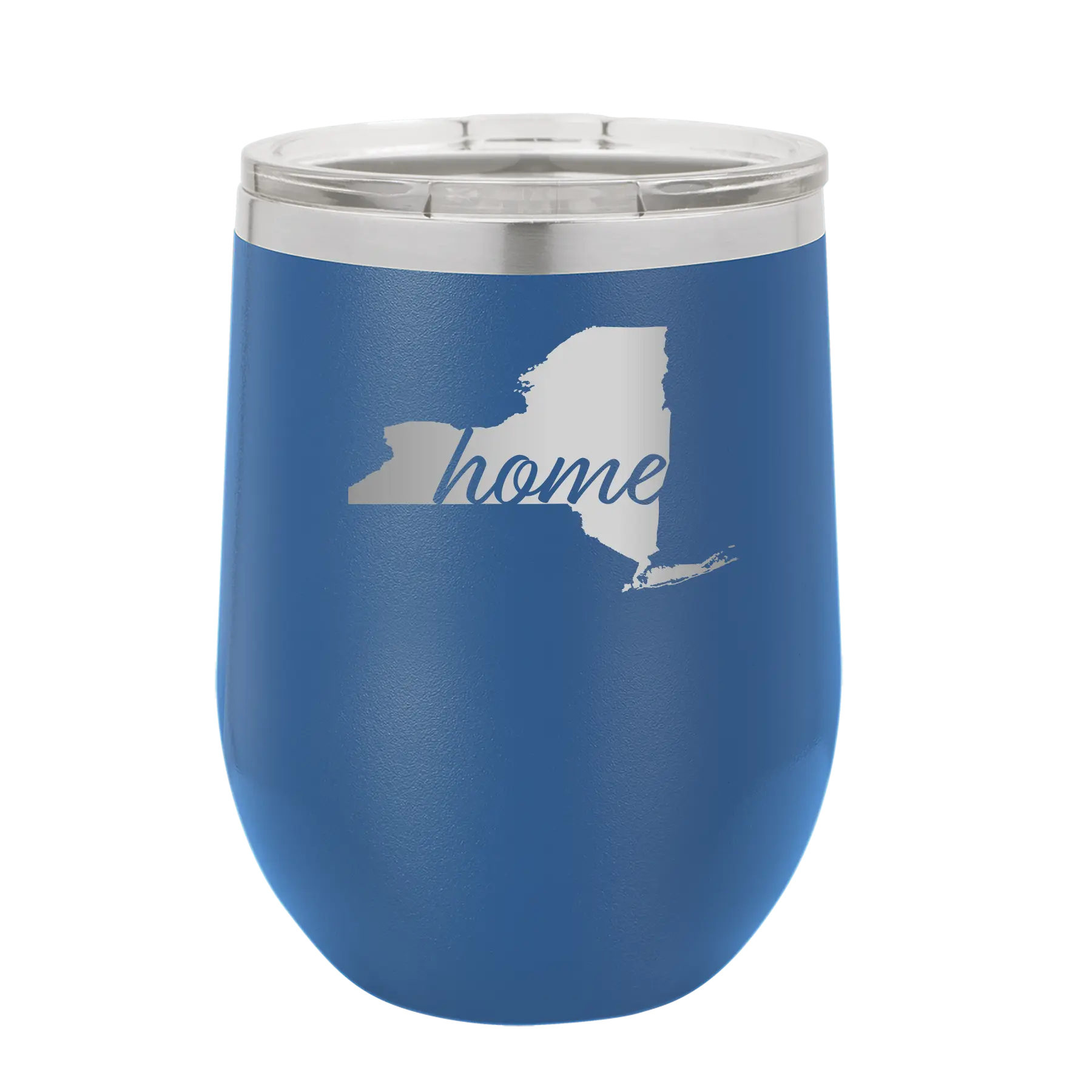 Laser etched royal blue 12 oz vacuum insulated wine cup with 'New York Home' design