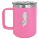 Laser etched pink 15 oz vacuum insulated coffee mug with 'New Jersey Home' design