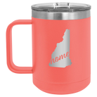 Laser etched coral 15 oz vacuum insulated coffee mug with 'New Hampshire Home' design