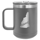 Laser etched dark gray 15 oz vacuum insulated coffee mug with 'New Hampshire Home' design