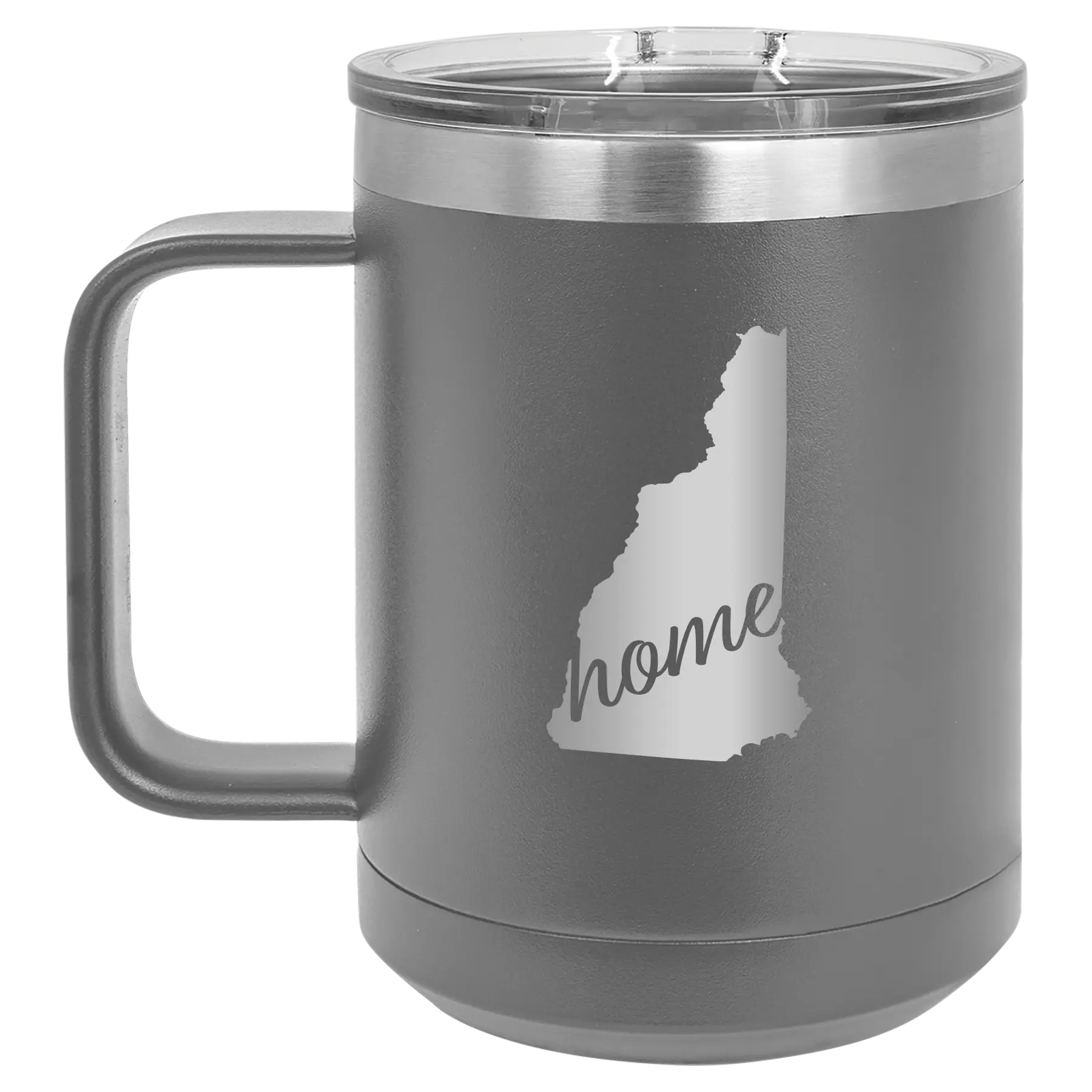 Laser etched dark gray 15 oz vacuum insulated coffee mug with 'New Hampshire Home' design